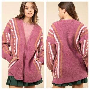 New In Pink Aztec Geometric Pattern Knit Sweater Cardigan
